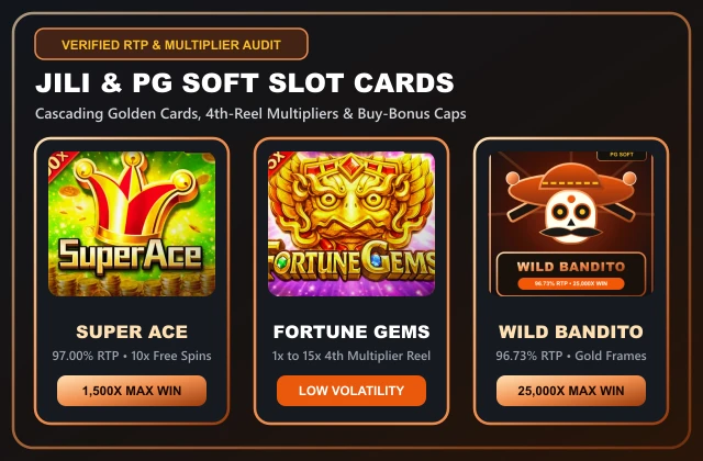 Featured JILI slot cards and multiplier reels on a smartphone screen