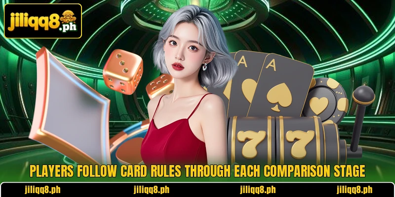 Players follow card rules through each comparison stage Players follow card rules through each comparison stage